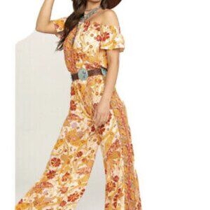 FREE PEOPLE Carmen Orange Off The Shoulder Paisley Boho Jumpsuit Size Small